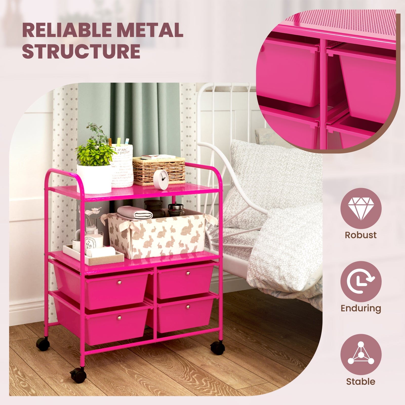 4 Drawer Rolling Storage Cart Rack, Pink File Cabinets at Gallery Canada