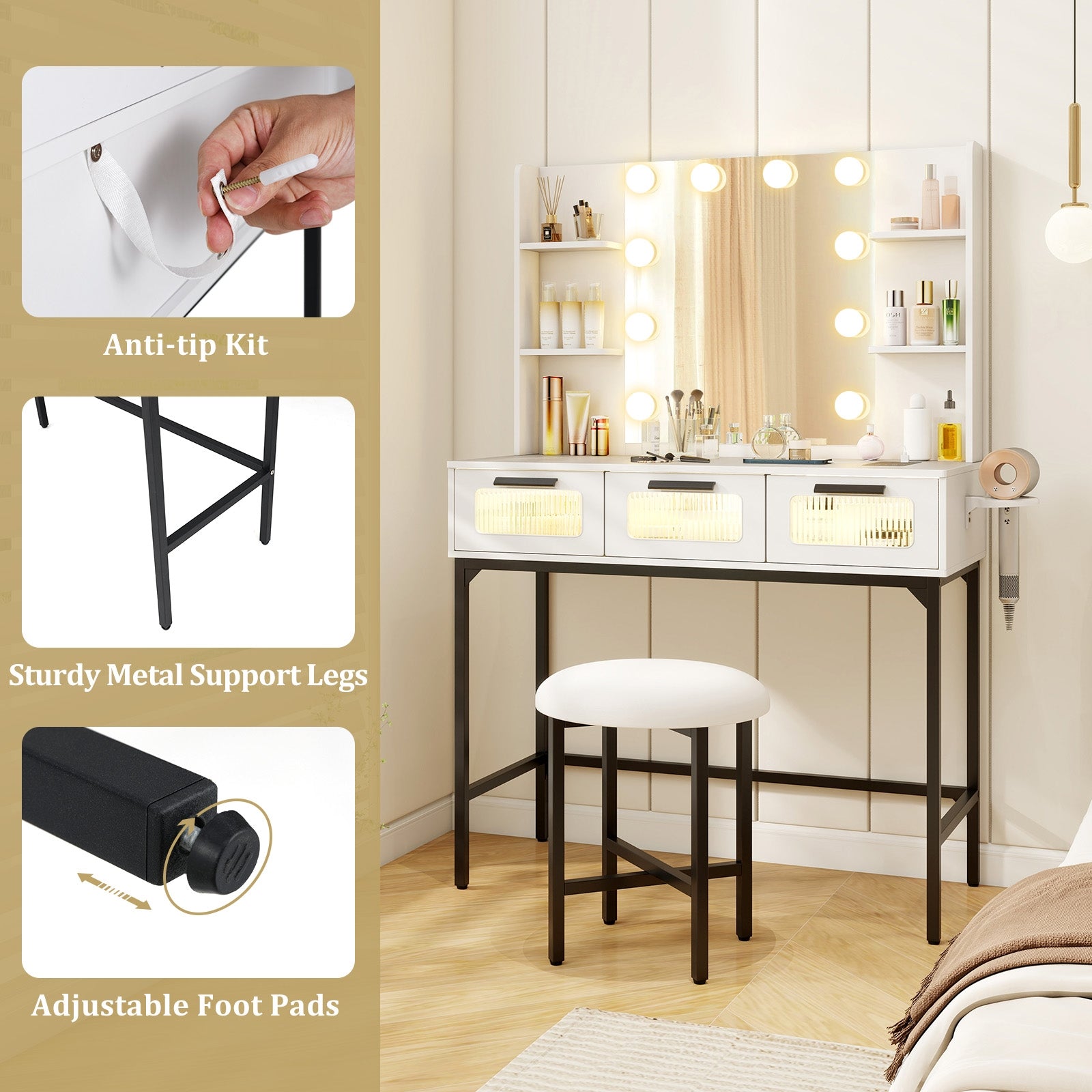Makeup Vanity Desk With Hollywood Mirror, Lights, White Makeup Vanities at Gallery Canada