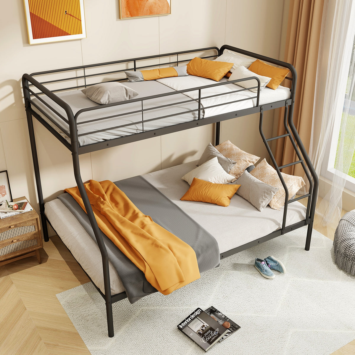 Twin Over Full Bunk Bed, With Ladder And Guardrails, Black Bunk Bed Frame at Gallery Canada
