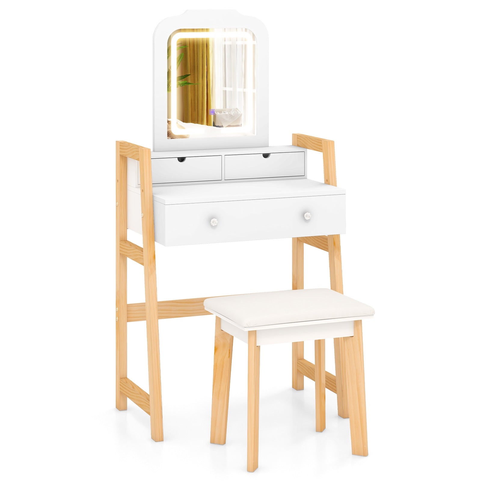 Adjustable Height Vanity Desk Set, LED Lighted Mirror, White Makeup Vanities at Gallery Canada