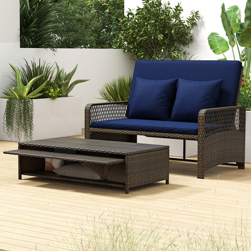 Adjustable Wicker Daybed, 4-Level Backrest, Soft Cushions, Navy