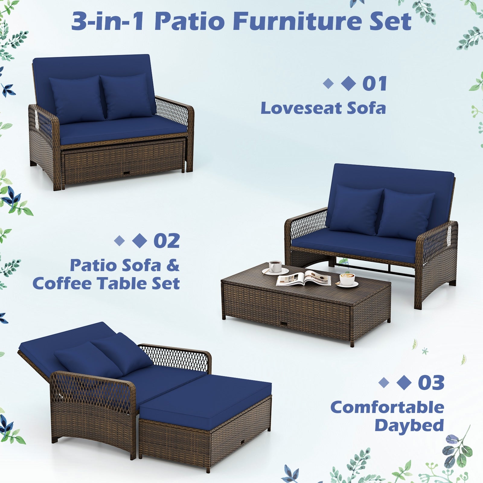 Adjustable Wicker Daybed, 4-Level Backrest, Soft Cushions, Navy Outdoor Sectionals at Gallery Canada