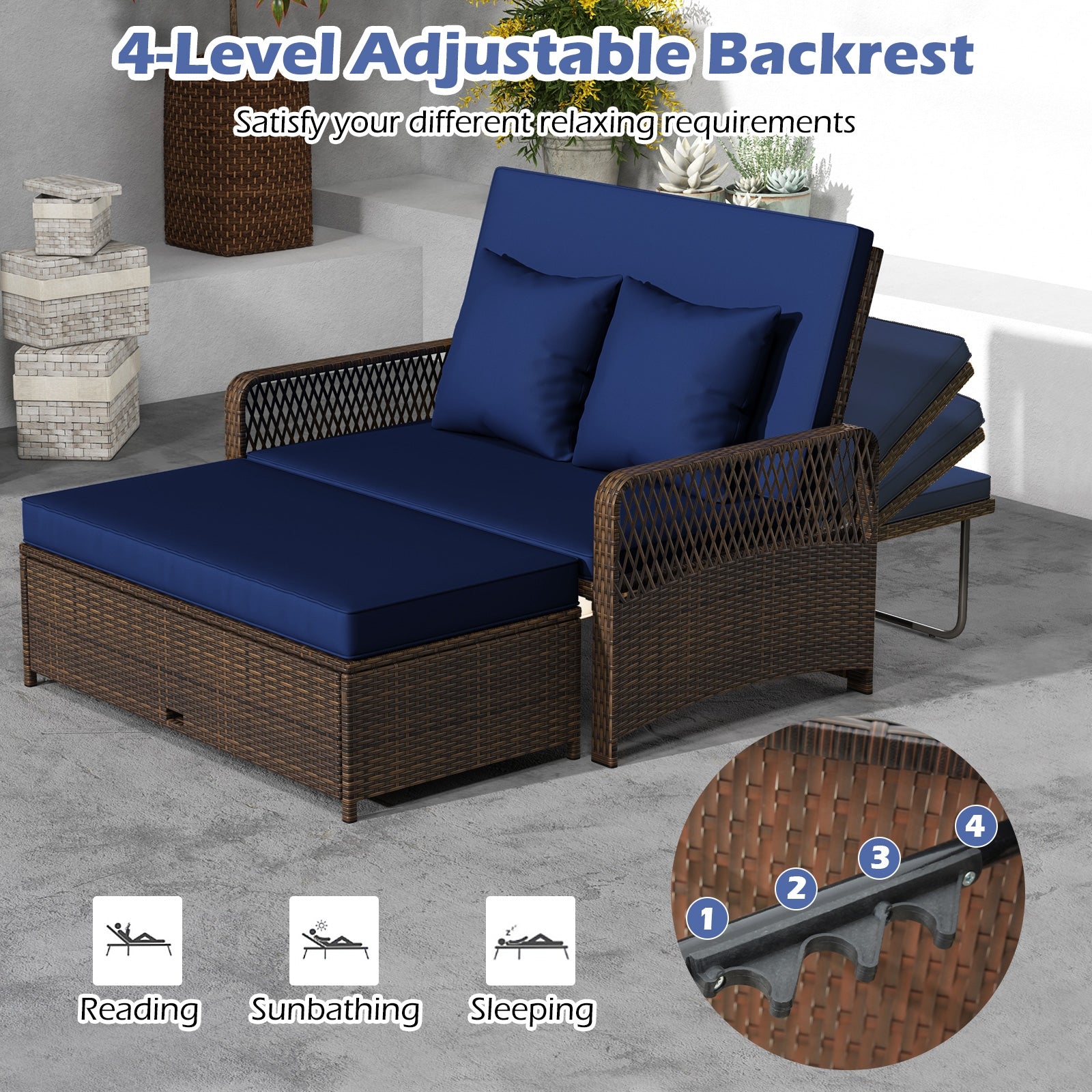 Adjustable Wicker Daybed, 4-Level Backrest, Soft Cushions, Navy Outdoor Sectionals at Gallery Canada