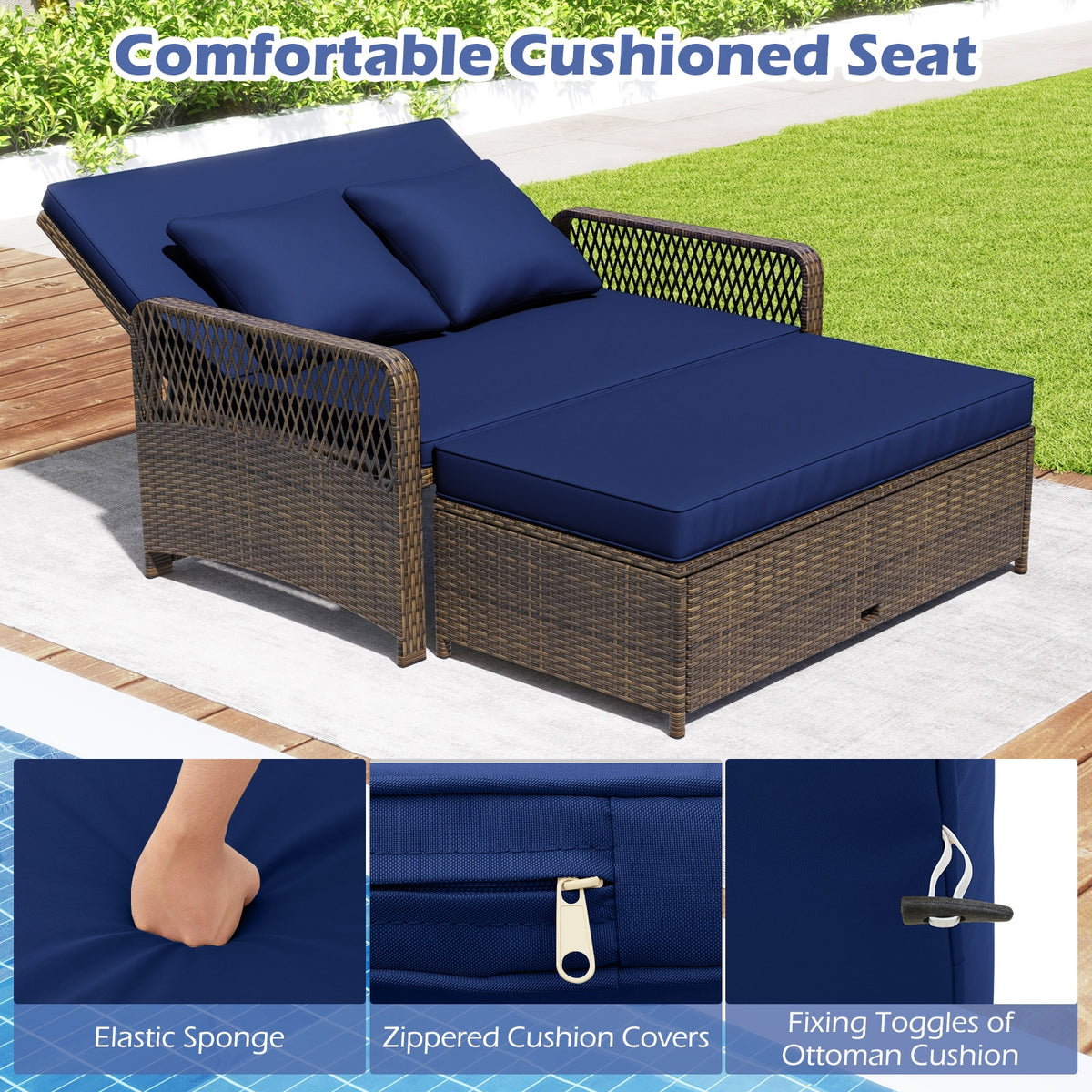 Adjustable Wicker Daybed, 4-Level Backrest, Soft Cushions, Navy Outdoor Sectionals at Gallery Canada
