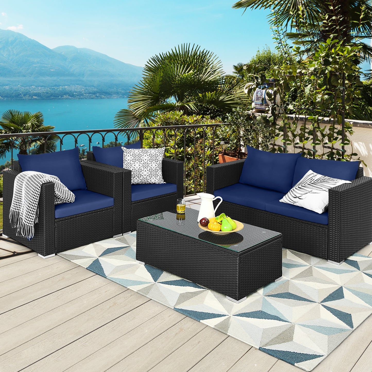 Patio Rattan Conversation Set, 4 Pieces, Padded Cushions, Navy Patio Conversation Sets at Gallery Canada
