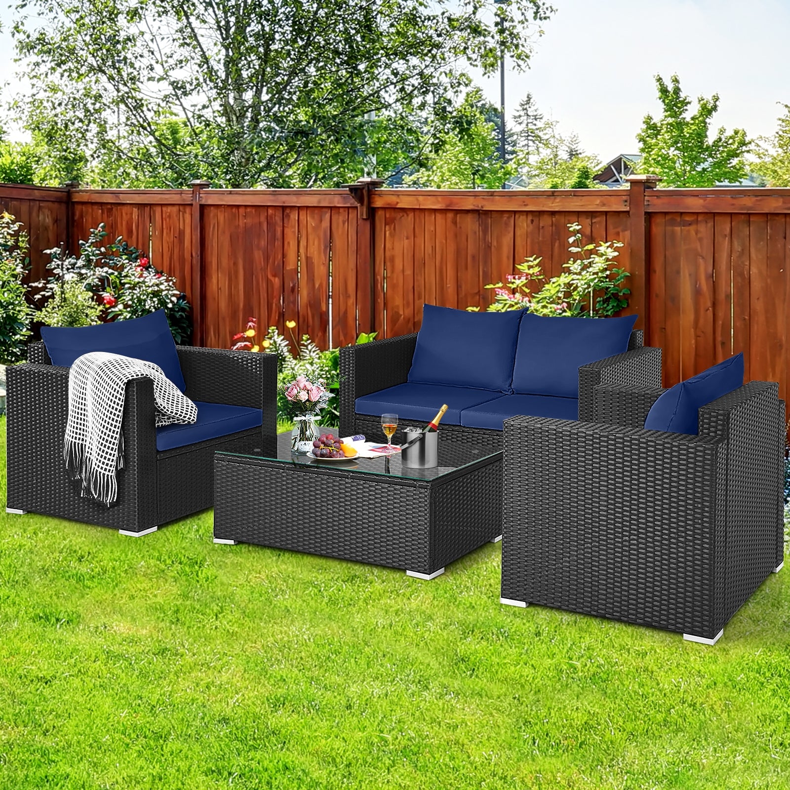 Patio Rattan Conversation Set, 4 Pieces, Padded Cushions, Navy Patio Conversation Sets at Gallery Canada