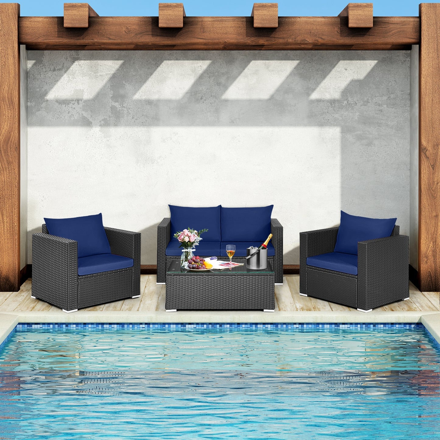 Patio Rattan Conversation Set, 4 Pieces, Padded Cushions, Navy Patio Conversation Sets at Gallery Canada