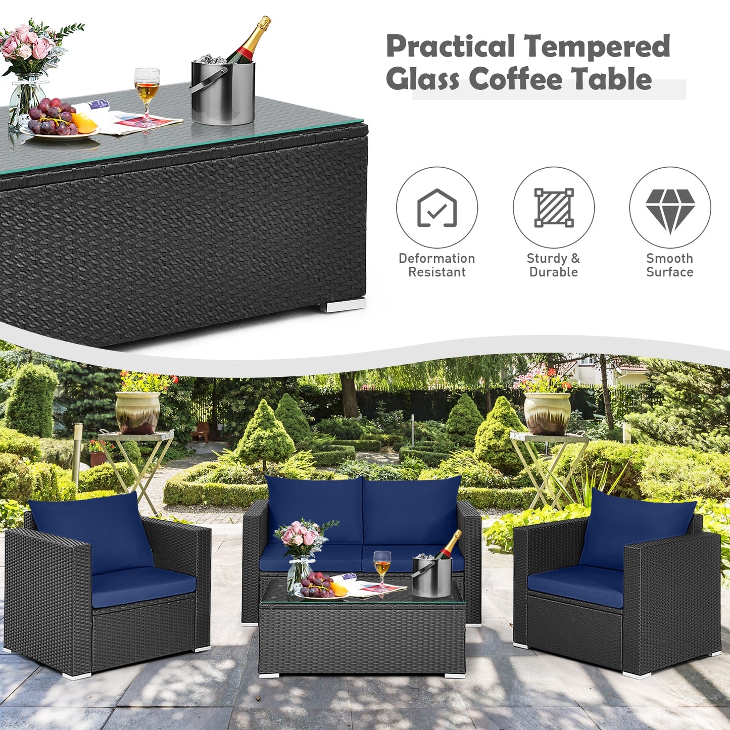 Patio Rattan Conversation Set, 4 Pieces, Padded Cushions, Navy Patio Conversation Sets at Gallery Canada