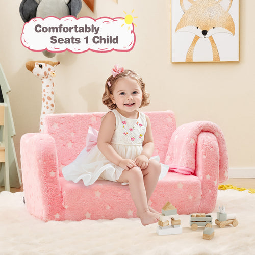 Folding Kids Couch With Glow In The Dark Blanket, Pink