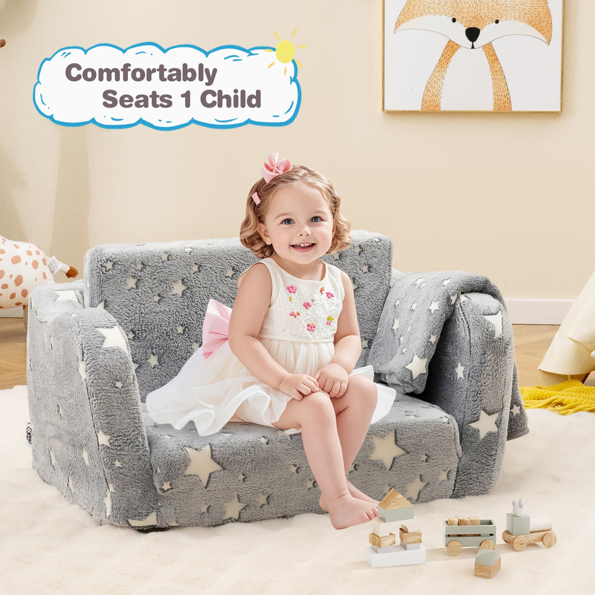 2-in-1 Folding Kids Couch With Blanket, Glow In Dark, Gray Kids Chairs & Seating at Gallery Canada