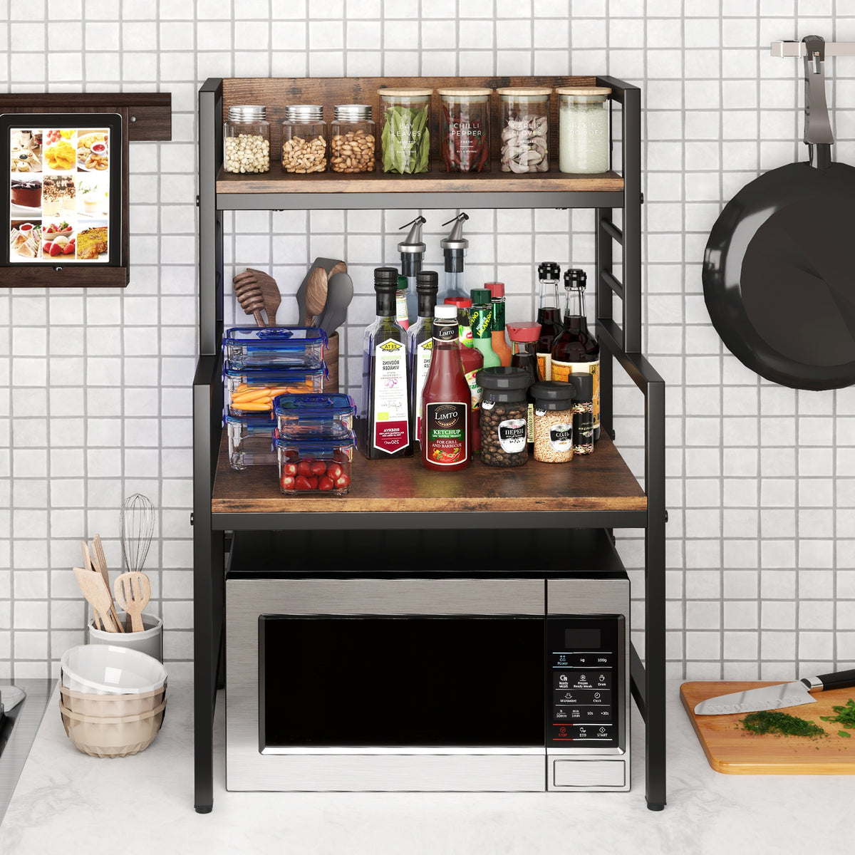 3-Tier Microwave Stand, 2 Open Shelves, Heavy-Duty Metal Frame, Rustic Brown Baker's Racks at Gallery Canada