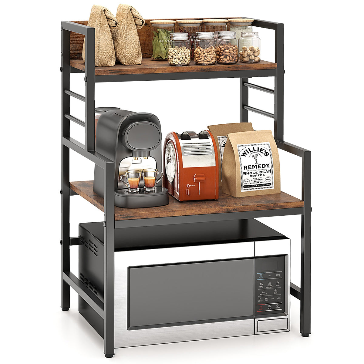 3-Tier Microwave Stand, 2 Open Shelves, Heavy-Duty Metal Frame, Rustic Brown Baker's Racks at Gallery Canada