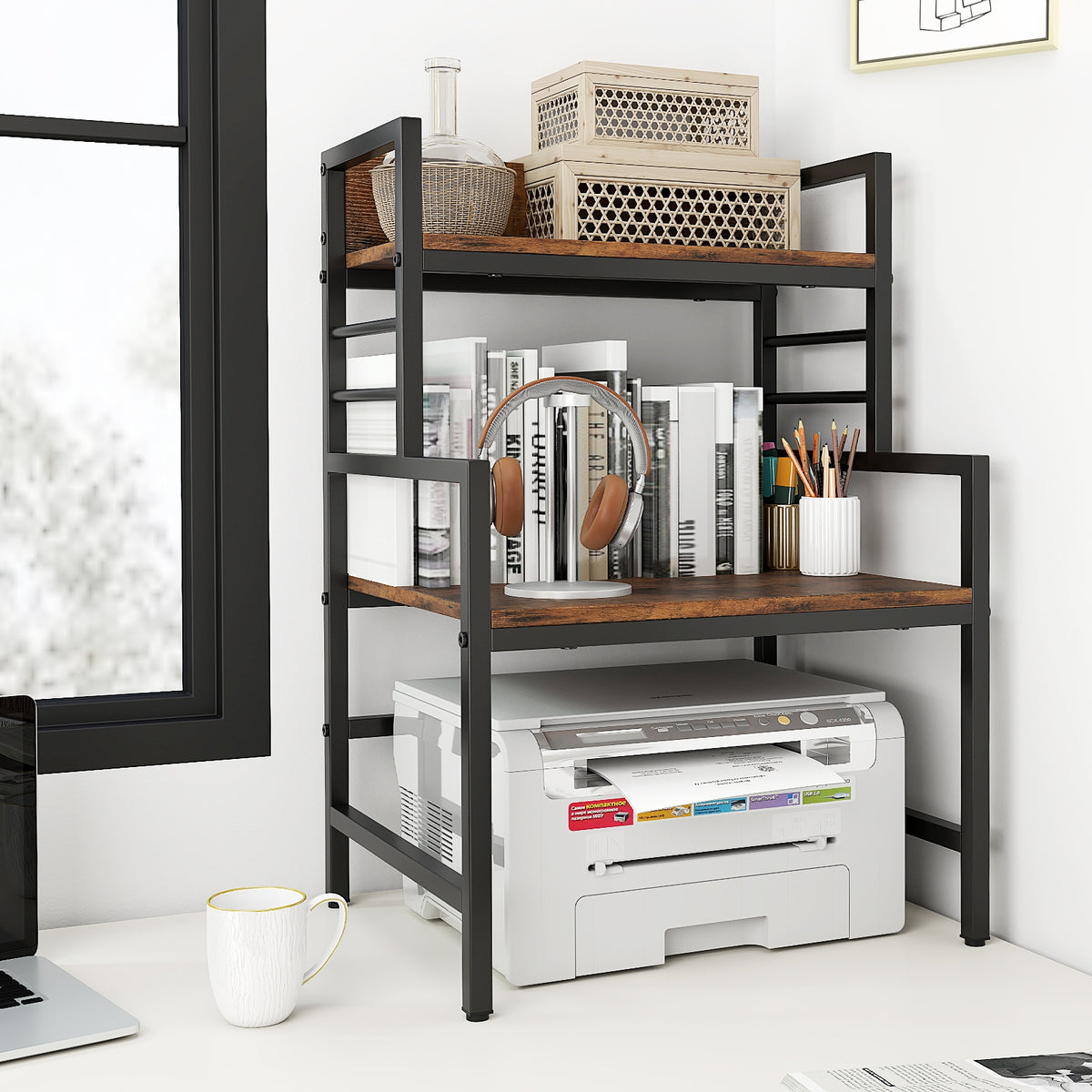 3-Tier Microwave Stand, 2 Open Shelves, Heavy-Duty Metal Frame, Rustic Brown Baker's Racks at Gallery Canada