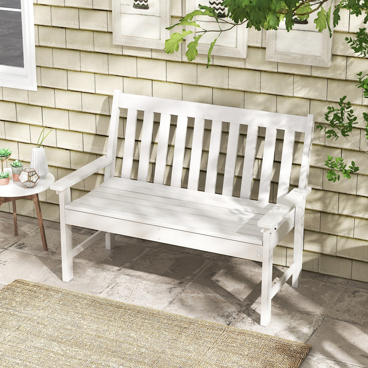 52 Inch HDPE Outdoor Bench With Backrest, Armrests, White Outdoor Benches at Gallery Canada