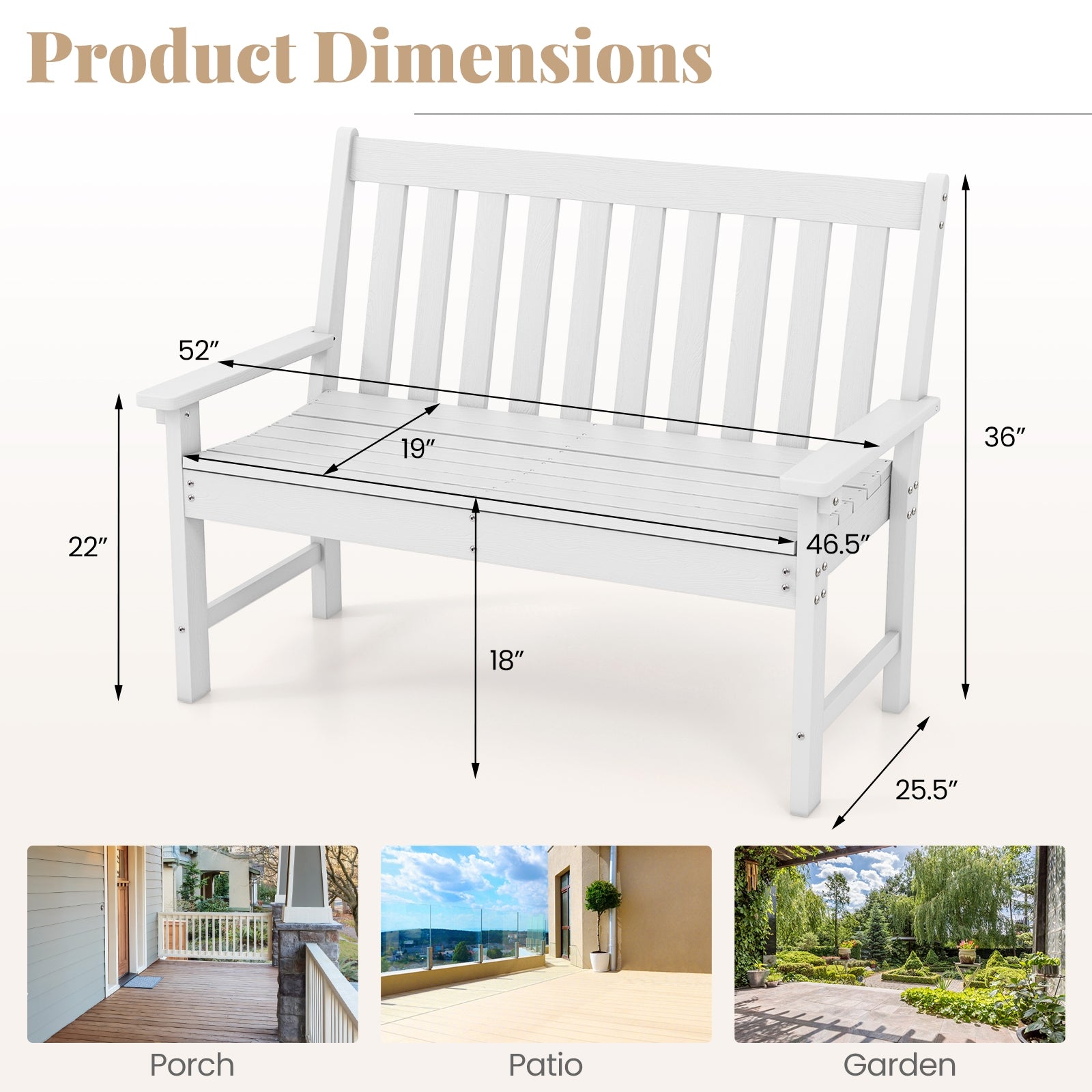 52 Inch HDPE Outdoor Bench With Backrest, Armrests, White Outdoor Benches at Gallery Canada