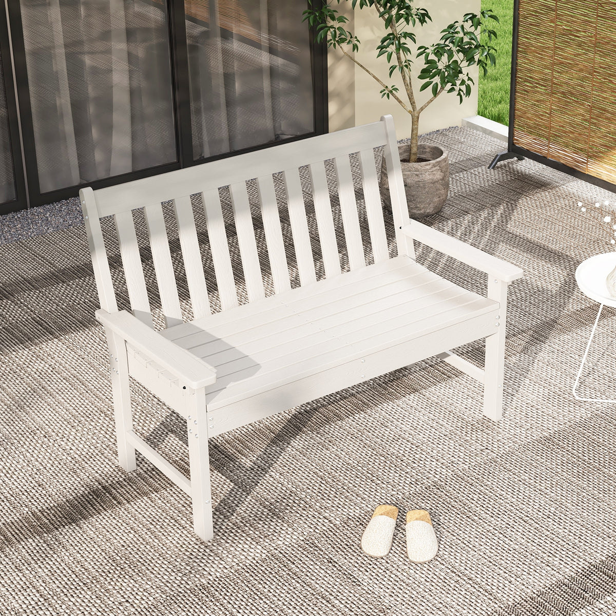 52 Inch HDPE Outdoor Bench With Backrest, Armrests, White Outdoor Benches at Gallery Canada