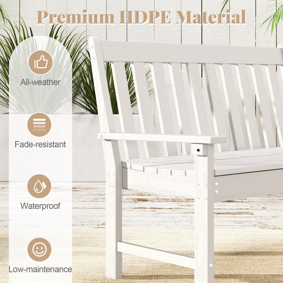 52 Inch HDPE Outdoor Bench With Backrest, Armrests, White Outdoor Benches at Gallery Canada