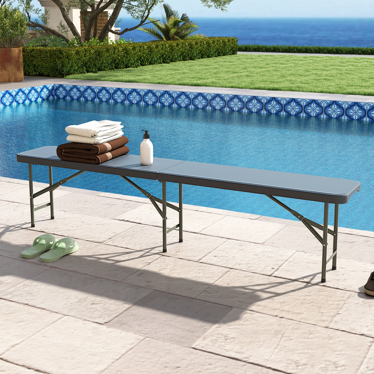 6 Feet Plastic Folding Bench, Portable Seat With Handle And Lock, Gray Camping Furniture at Gallery Canada