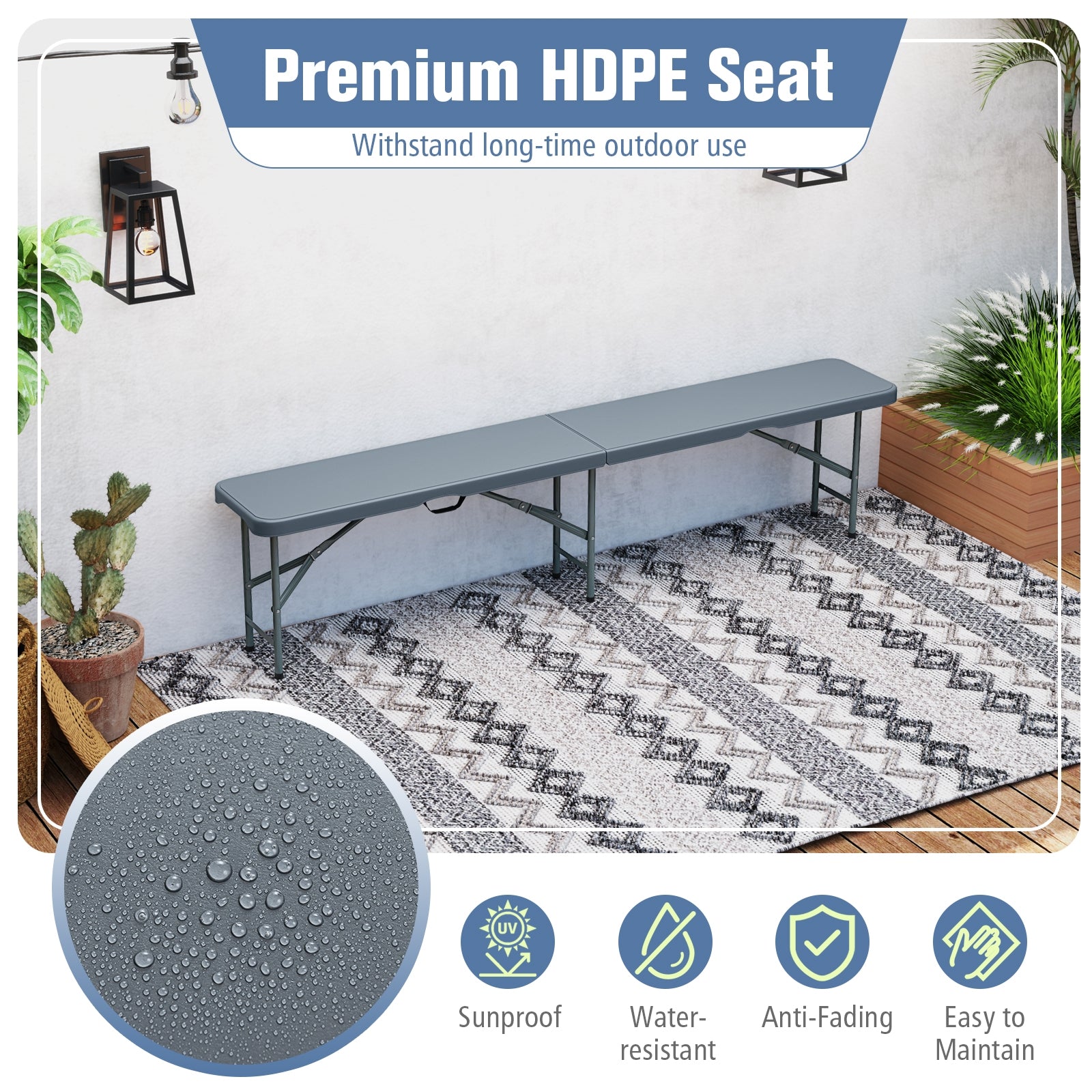 6 Feet Plastic Folding Bench, Portable Seat With Handle And Lock, Gray Camping Furniture at Gallery Canada