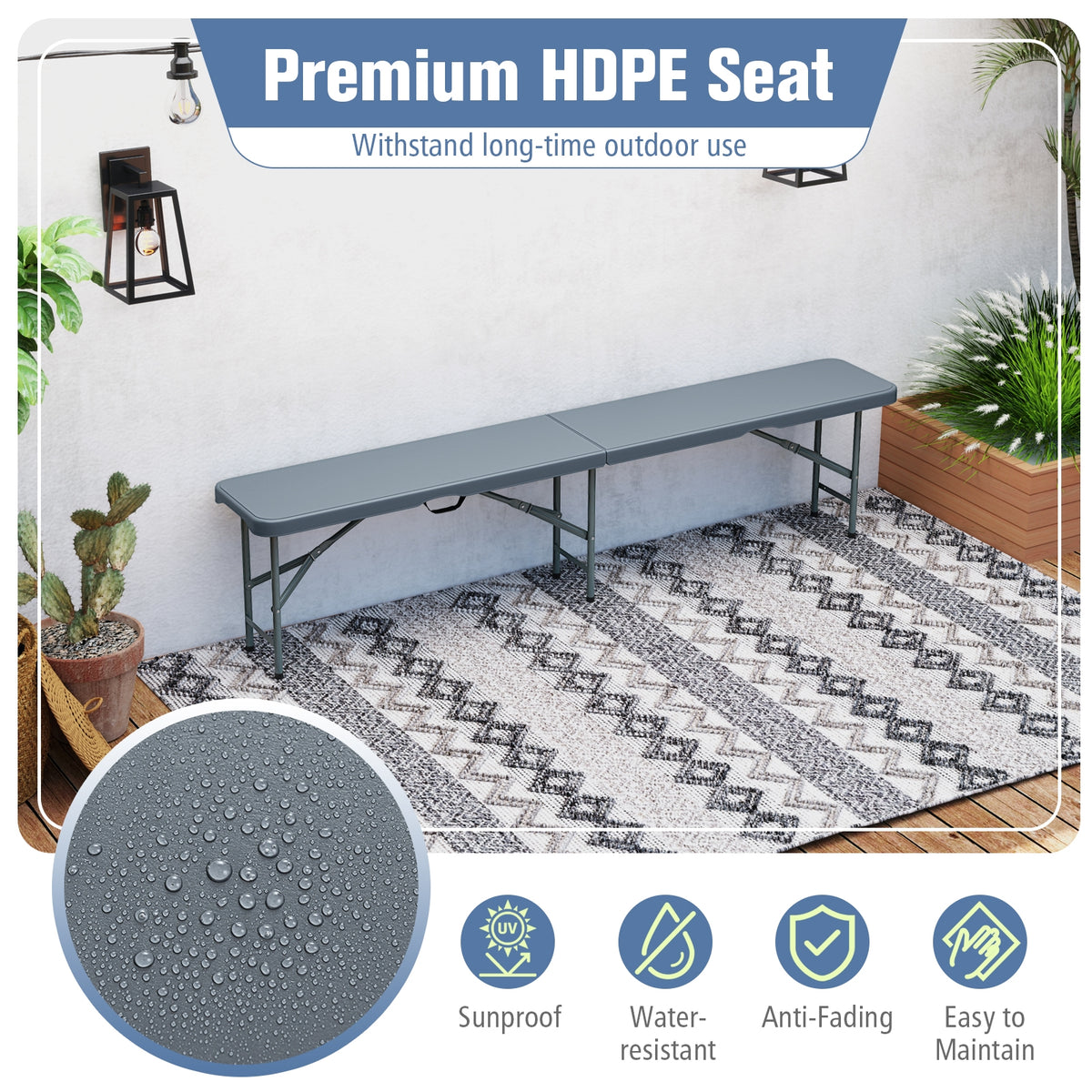 6 Feet Plastic Folding Bench, Portable Seat With Handle And Lock, Gray Camping Furniture at Gallery Canada