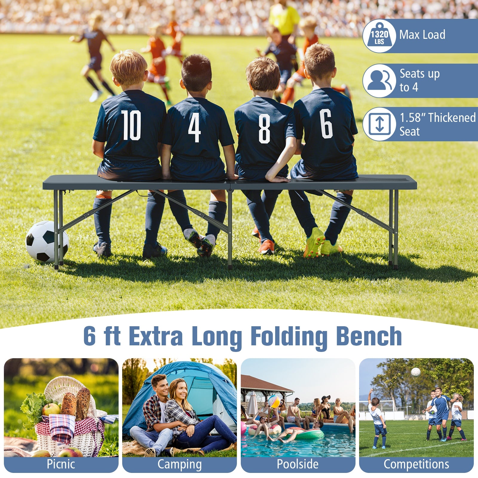 6 Feet Plastic Folding Bench, Portable Seat With Handle And Lock, Gray Camping Furniture at Gallery Canada