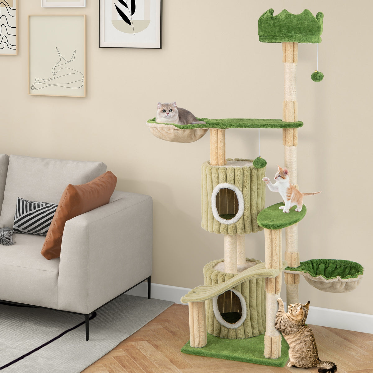 63 Inch Multi-Level Cat Tower, 2 Condos, Green Cat Trees Condos & Scratchers at Gallery Canada