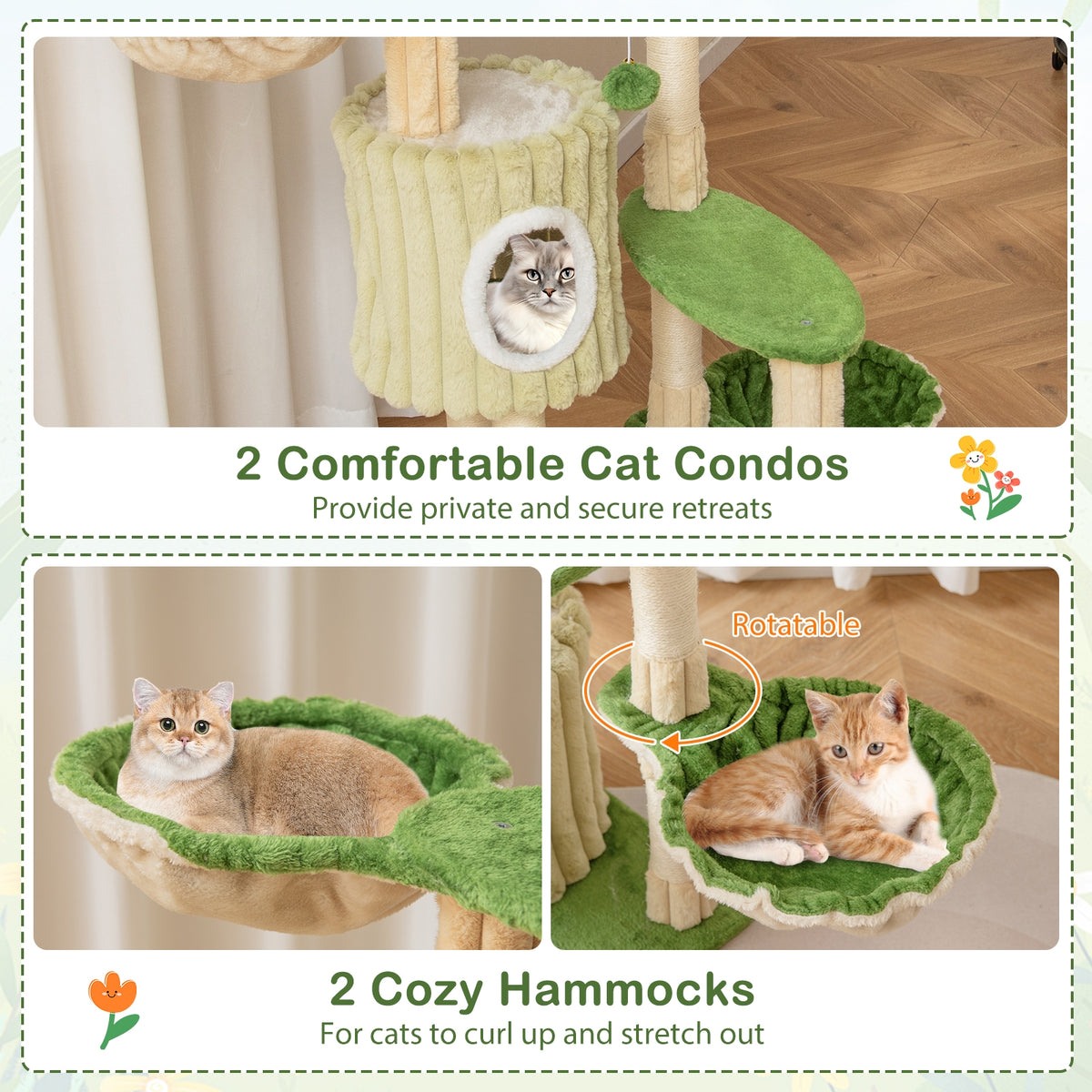 63 Inch Multi-Level Cat Tower, 2 Condos, Green Cat Trees Condos & Scratchers at Gallery Canada