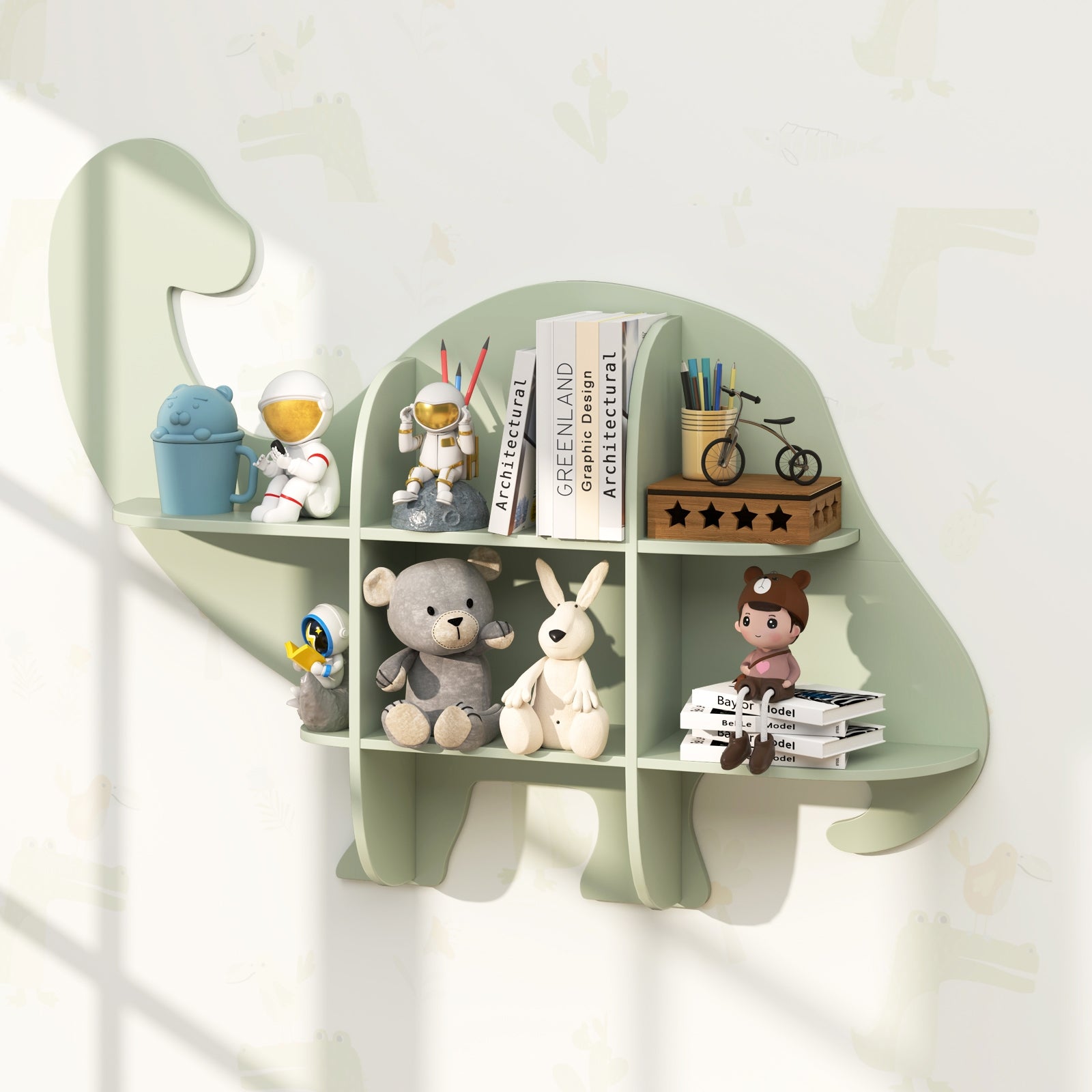 2-Tier Floating Dinosaur Bookshelf, Green Kids Storage at Gallery Canada