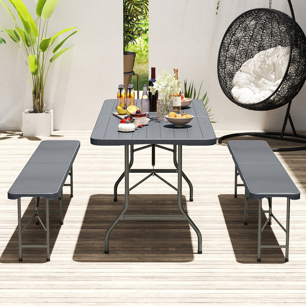 6 Feet Folding Table, Wood Grain HDPE Tabletop, Safe Lock Mechanism, Gray Picnic Tables at Gallery Canada