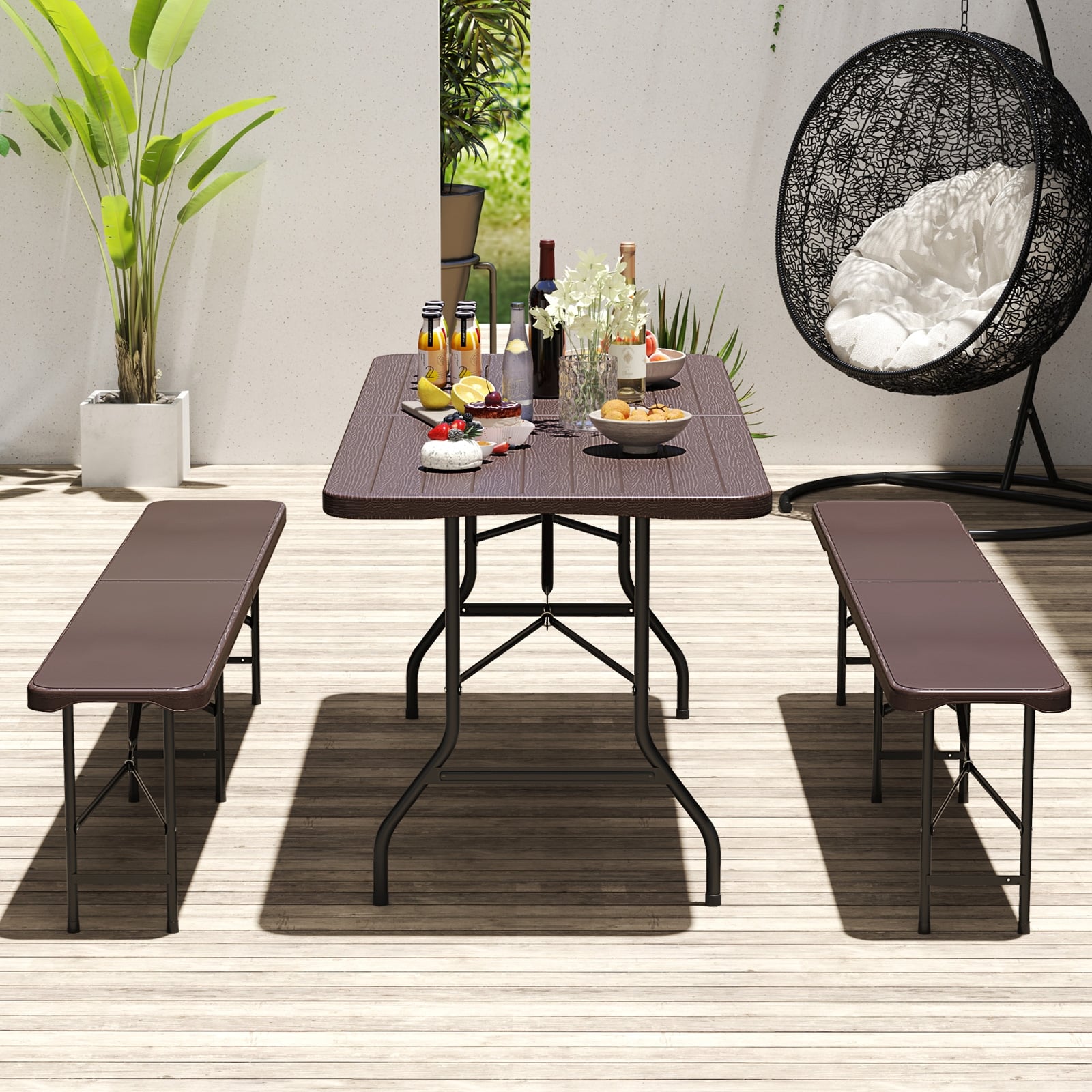 6 Feet Folding Table, Wood Grain HDPE Tabletop, Safe Lock Mechanism, Brown Picnic Tables at Gallery Canada