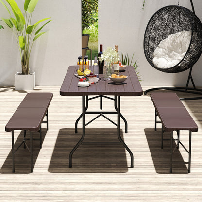 6 Feet Folding Table, Wood Grain HDPE Tabletop, Safe Lock Mechanism, Brown Picnic Tables at Gallery Canada