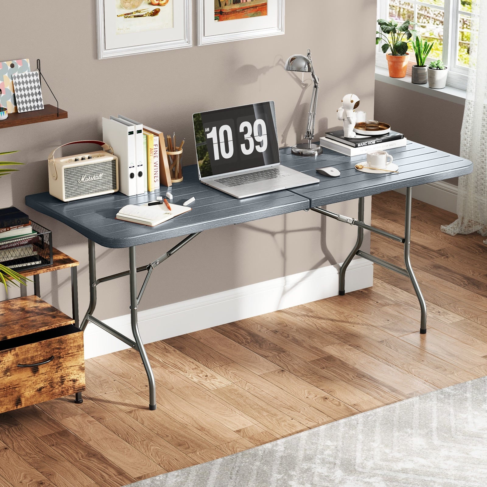6 Feet Folding Table, Wood Grain HDPE Tabletop, Safe Lock Mechanism, Gray Picnic Tables at Gallery Canada