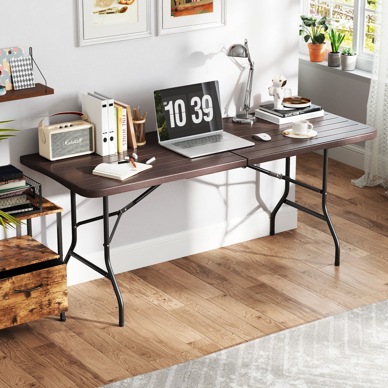 6 Feet Folding Table, Wood Grain HDPE Tabletop, Safe Lock Mechanism, Brown Picnic Tables at Gallery Canada