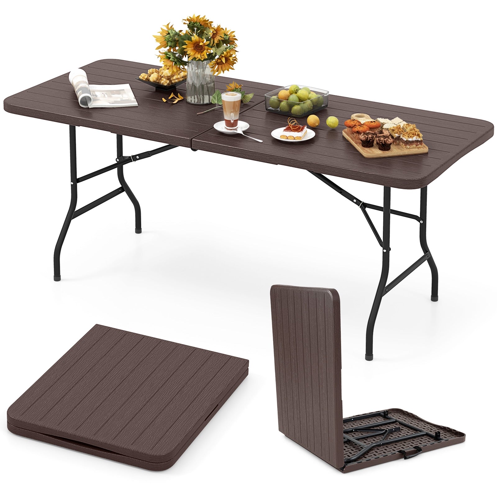 6 Feet Folding Table, Wood Grain HDPE Tabletop, Safe Lock Mechanism, Brown Picnic Tables at Gallery Canada