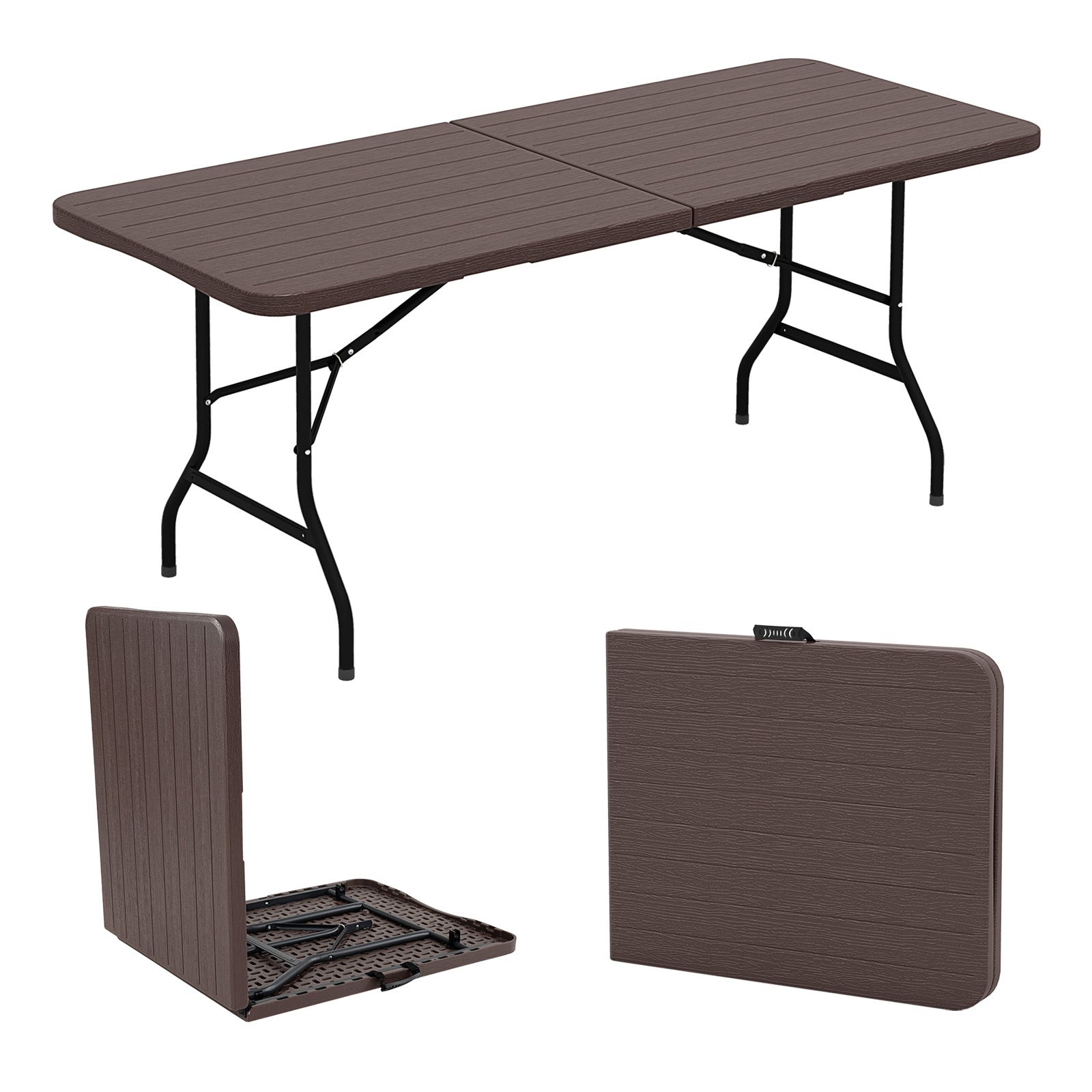 6 Feet Folding Table, Wood Grain HDPE Tabletop, Safe Lock Mechanism, Brown Picnic Tables at Gallery Canada