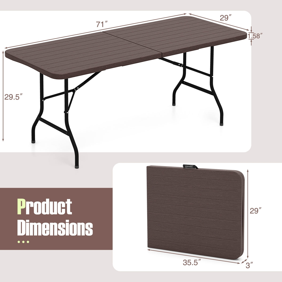 6 Feet Folding Table, Wood Grain HDPE Tabletop, Safe Lock Mechanism, Brown Picnic Tables at Gallery Canada
