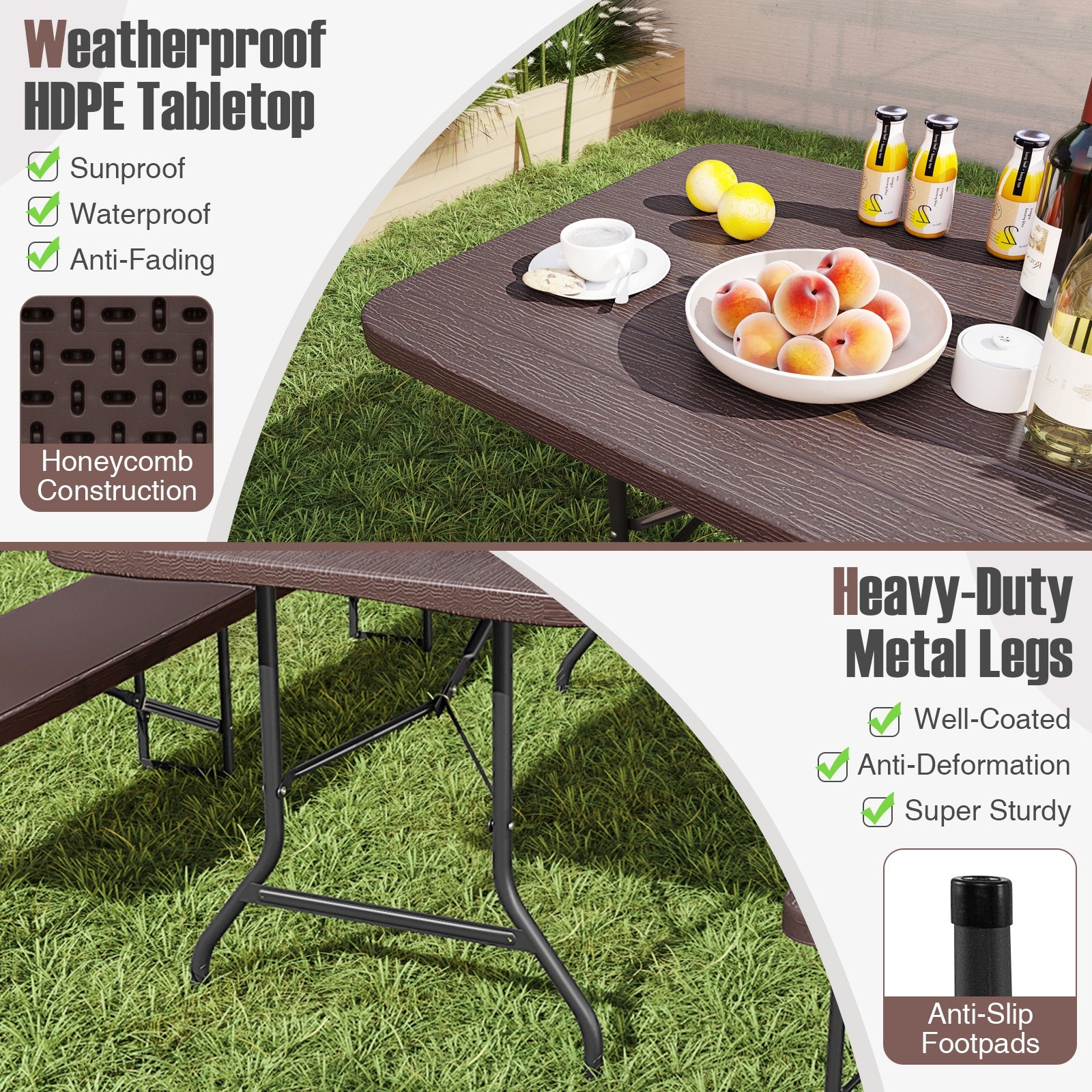 6 Feet Folding Table, Wood Grain HDPE Tabletop, Safe Lock Mechanism, Brown Picnic Tables at Gallery Canada