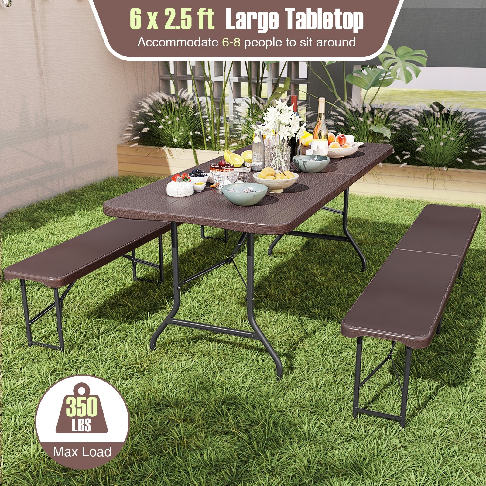 6 Feet Folding Table, Wood Grain HDPE Tabletop, Safe Lock Mechanism, Brown Picnic Tables at Gallery Canada
