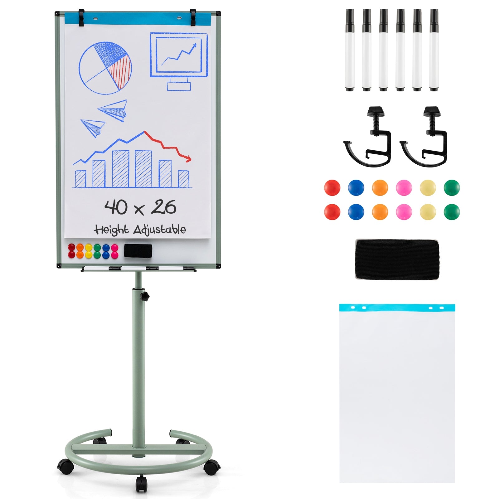 Height-Adjustable Mobile Whiteboard With Round Stand Paper Clips, Green Home Office Green at Gallery Canada