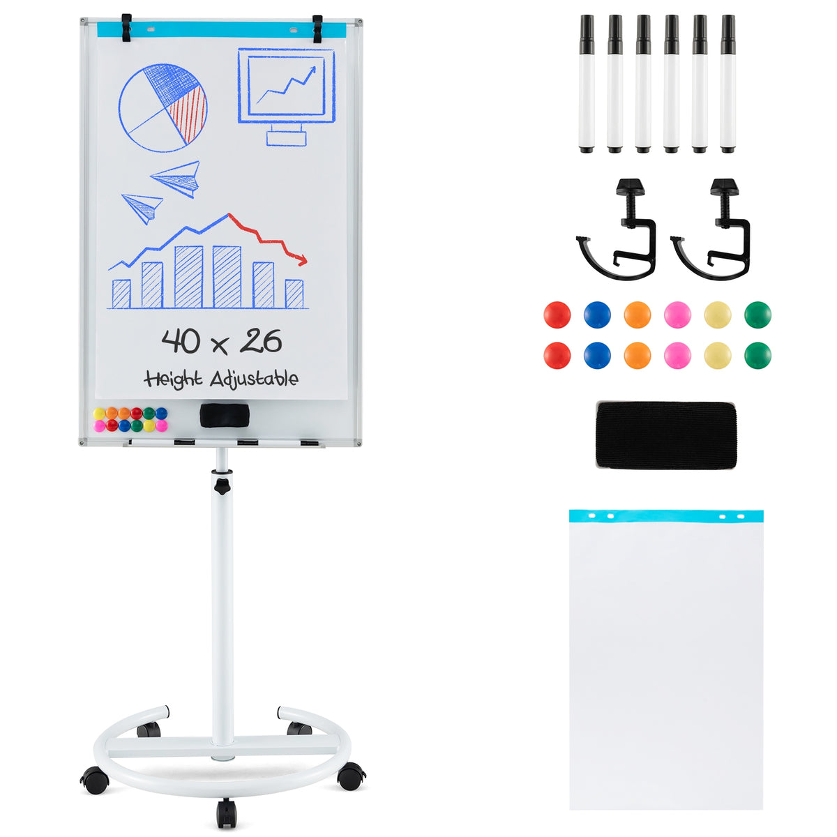 Height-Adjustable Mobile Whiteboard, Round Stand Paper Clips, White Home Office at Gallery Canada