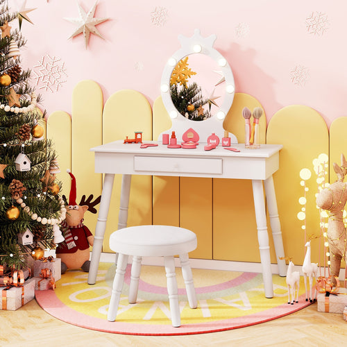 Kids Vanity Set With Lighted Mirror, Adjustable Brightness, Large Drawer, White