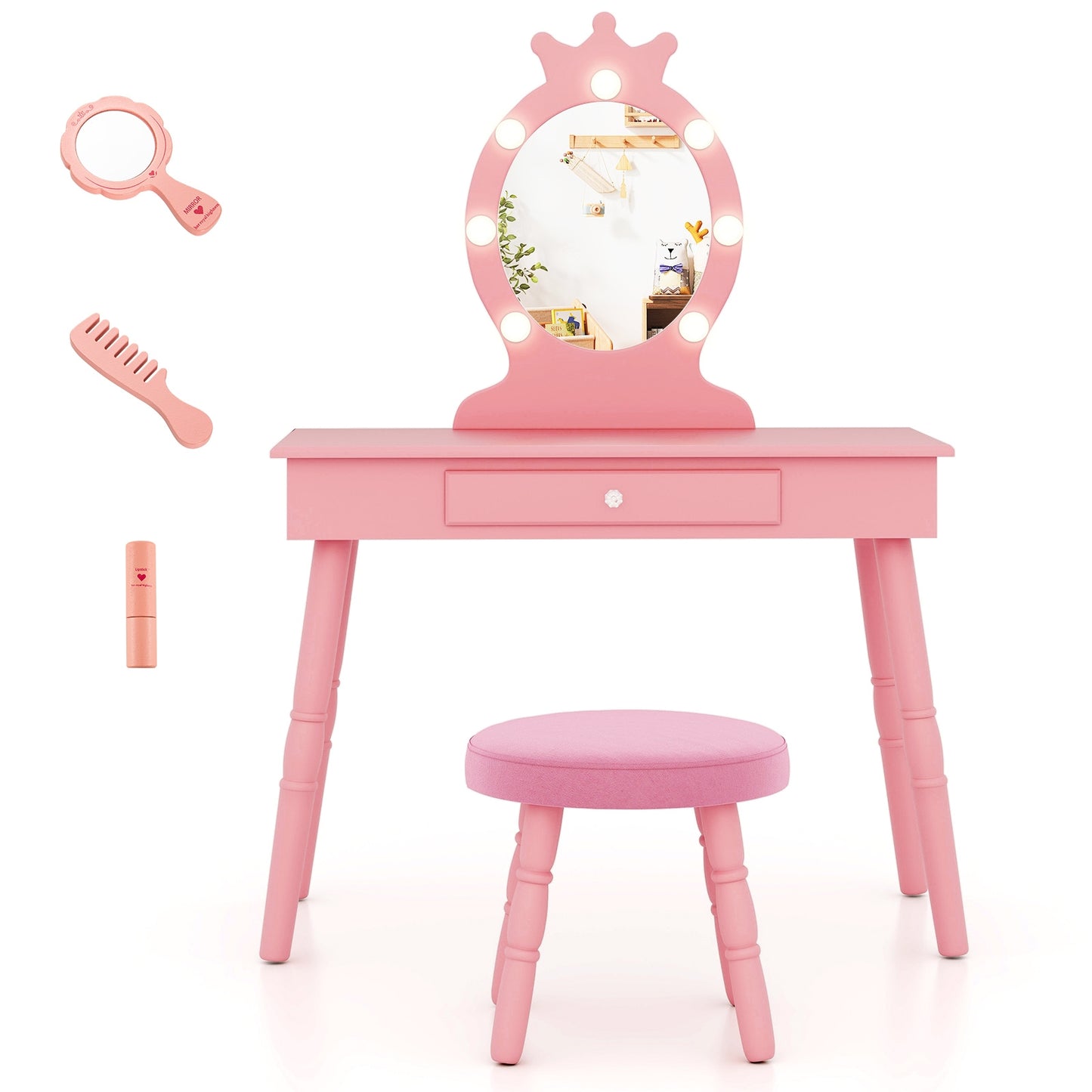 Kids Vanity Set With Lighted Mirror, Adjustable Brightness, Large Drawer, Pink Kids Vanities Pink at Gallery Canada