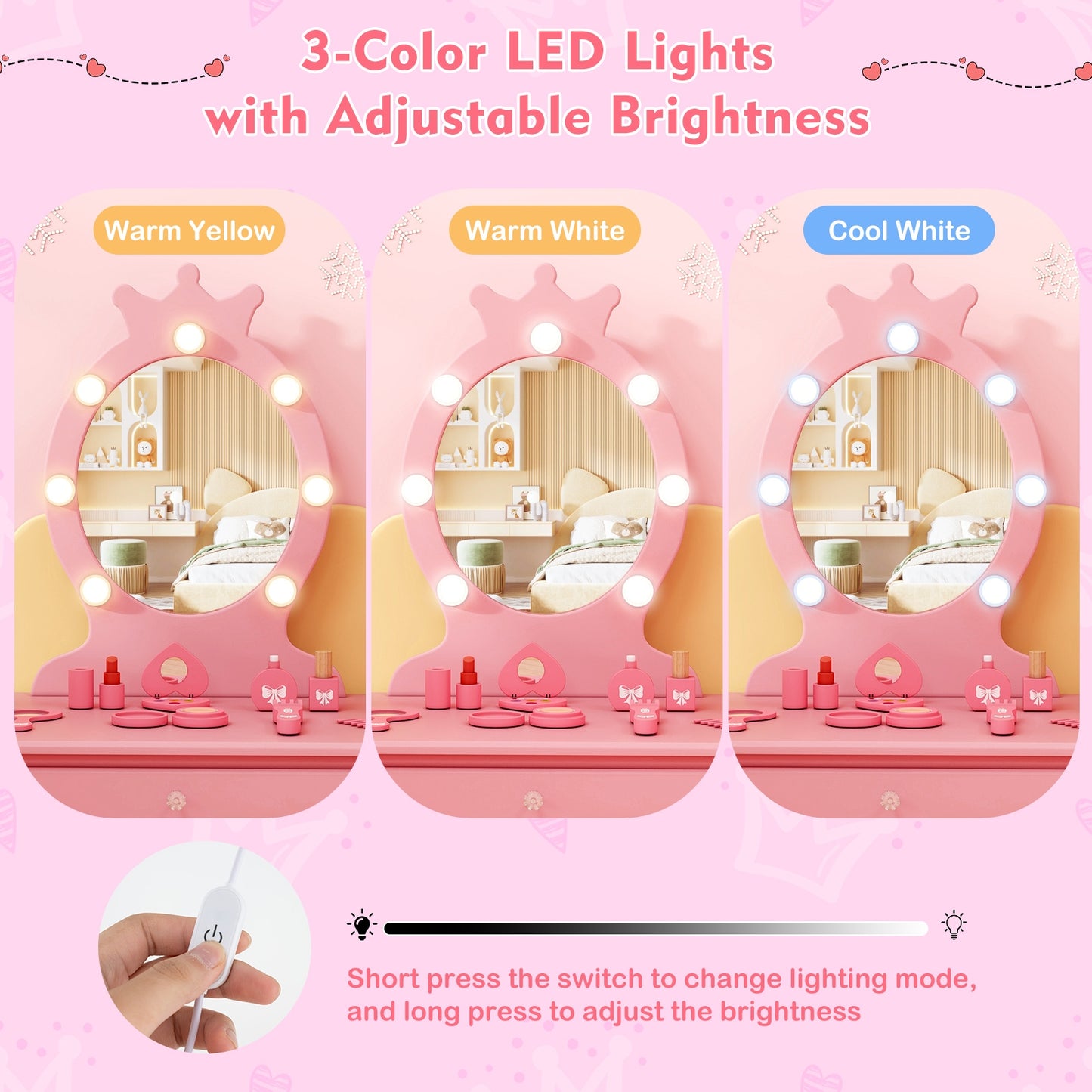 Kids Vanity Set With Lighted Mirror, Adjustable Brightness, Large Drawer, Pink Kids Vanities at Gallery Canada