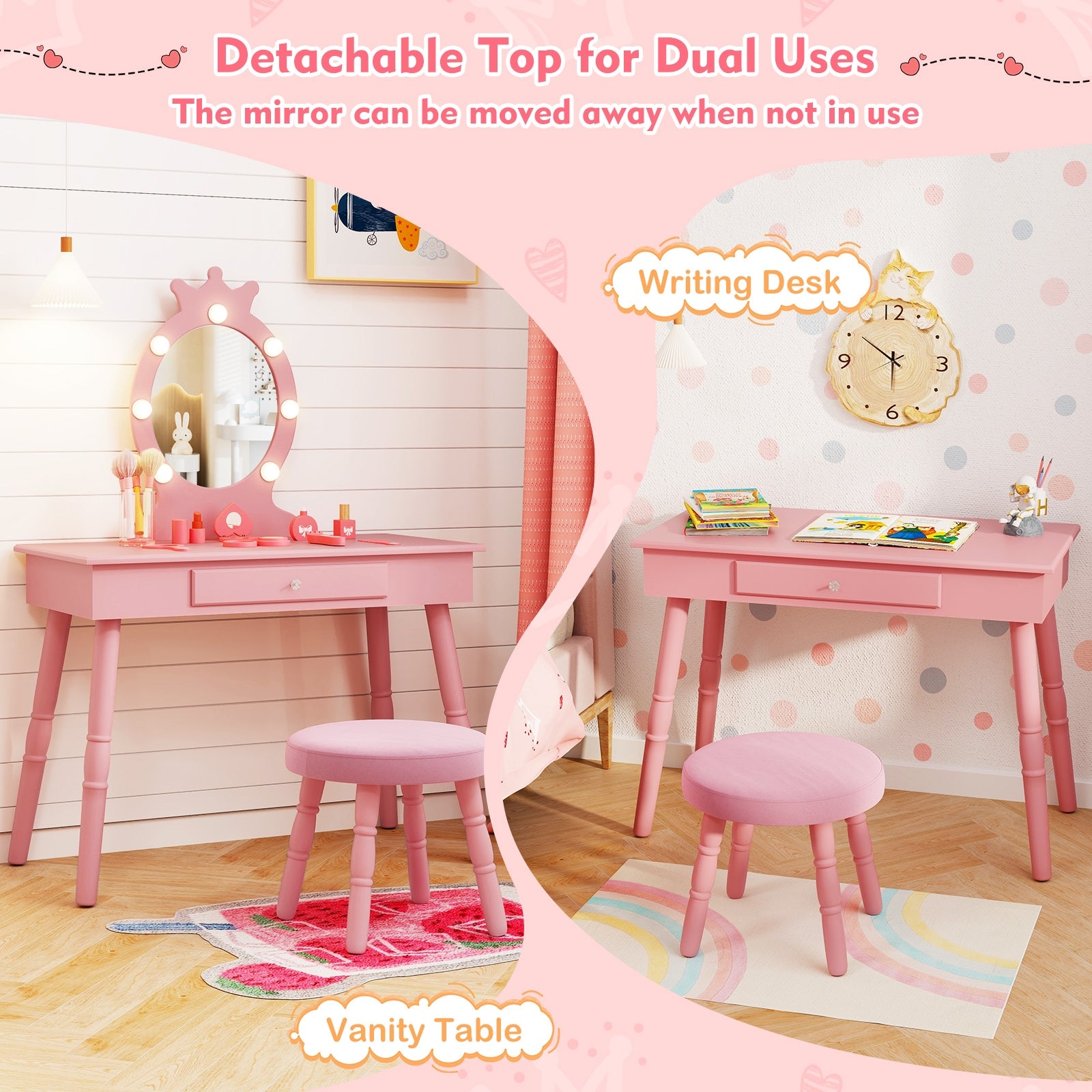 Kids Vanity Set With Lighted Mirror, Adjustable Brightness, Large Drawer, Pink Kids Vanities at Gallery Canada