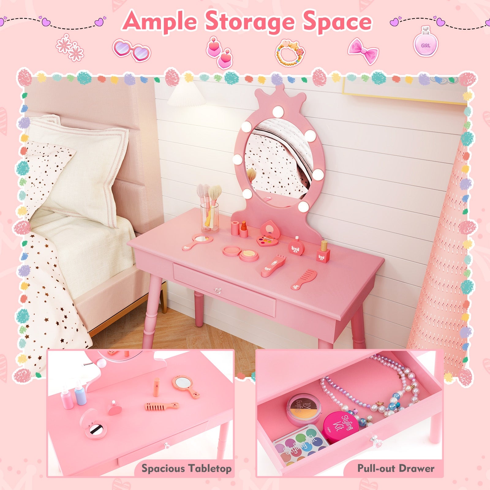 Kids Vanity Set With Lighted Mirror, Adjustable Brightness, Large Drawer, Pink Kids Vanities at Gallery Canada