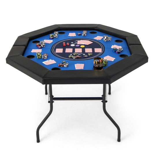 48 Inches Foldable Poker Table, Padded Rails, Cup Holders, Blue Game Room Blue at Gallery Canada