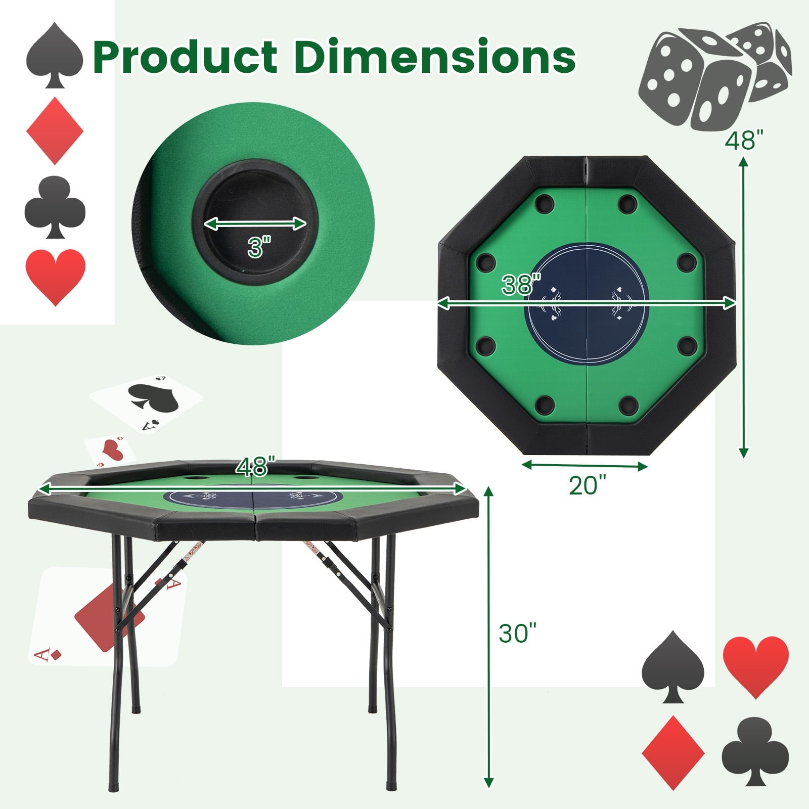 48 Inches Foldable Poker Table, Padded Rails, Cup Holders, Green Game Room at Gallery Canada