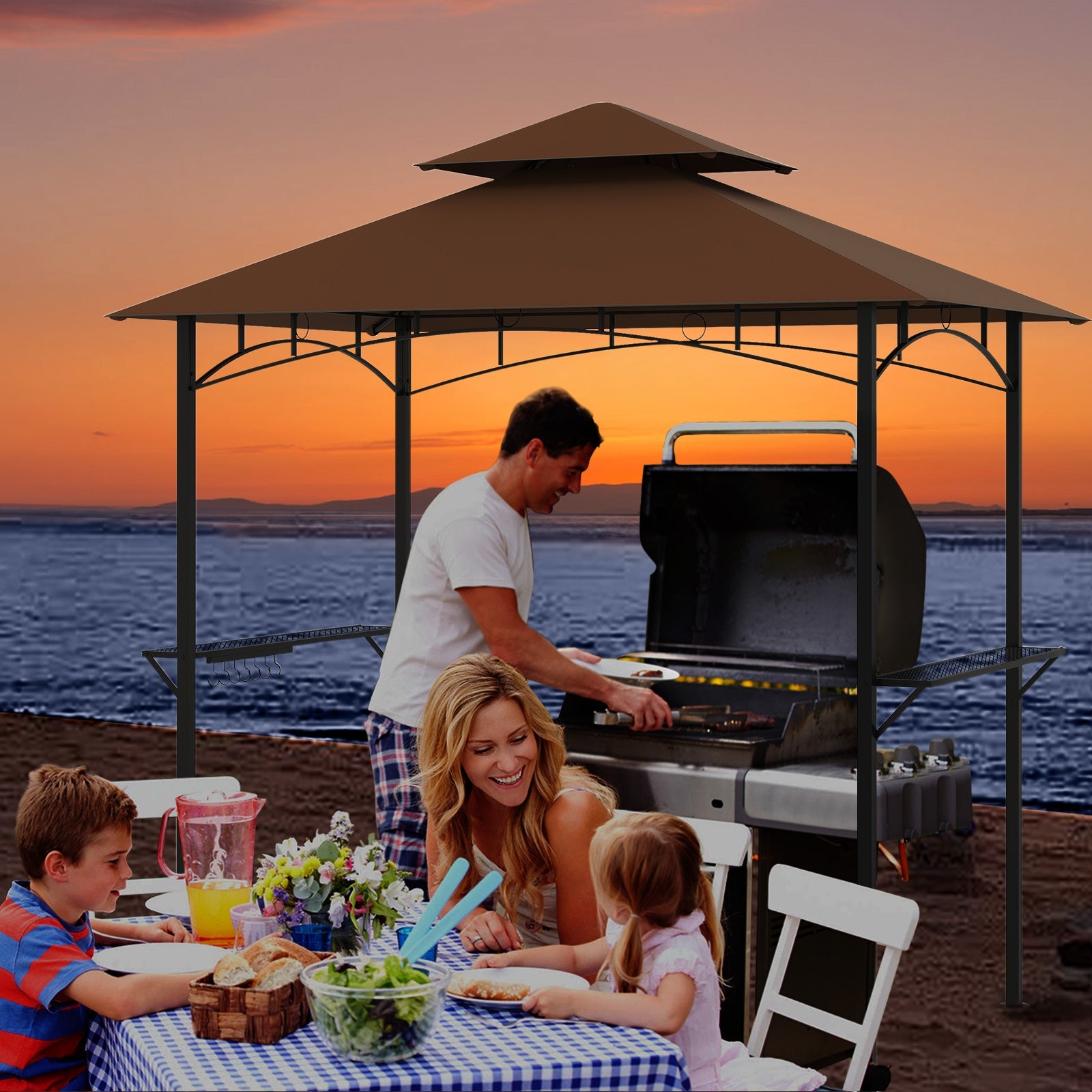 Double-Tiered Grill Gazebo Canopy, 2 Shelves, 7 Hooks, Coffee Gazebos at Gallery Canada