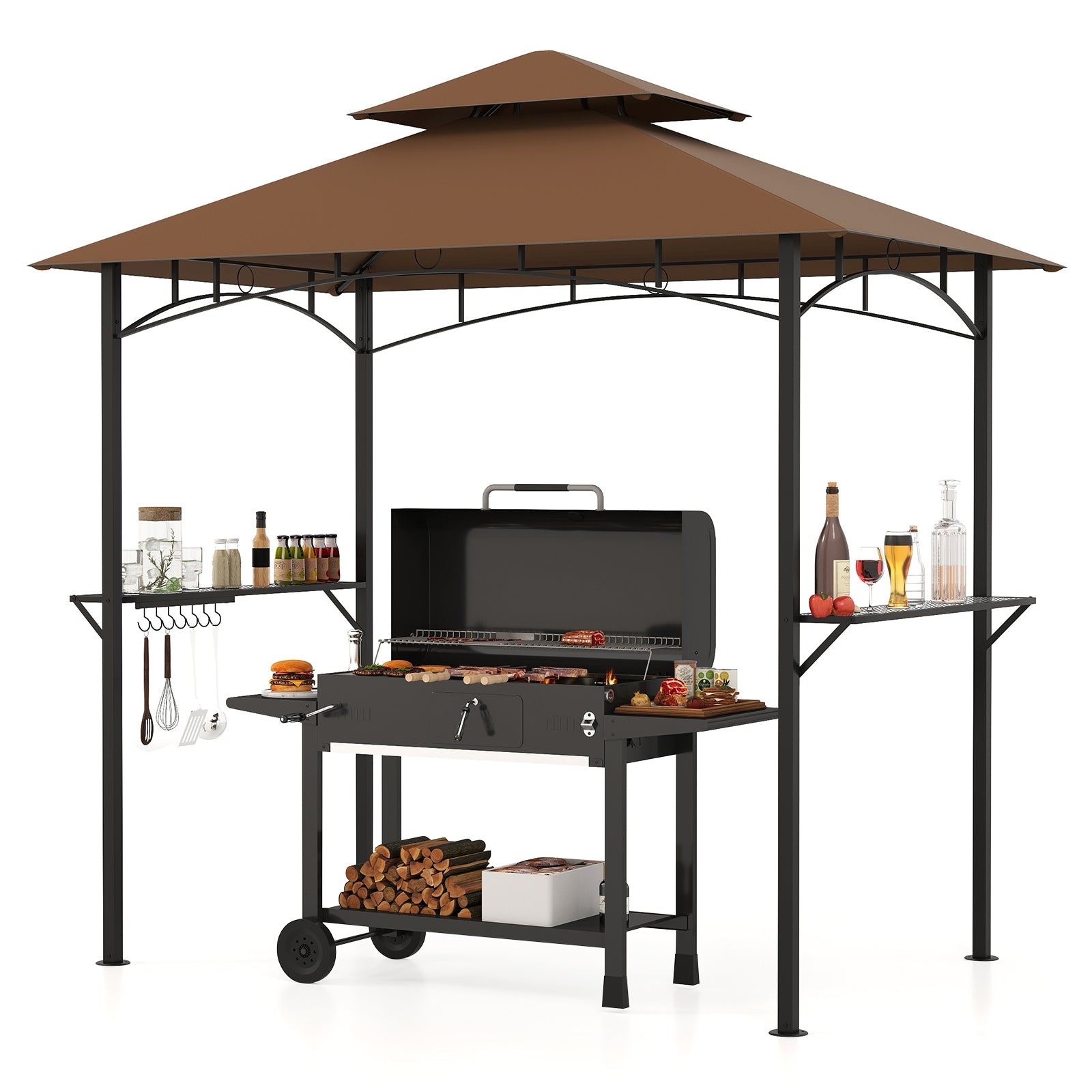 Double-Tiered Grill Gazebo Canopy, 2 Shelves, 7 Hooks, Coffee Gazebos at Gallery Canada