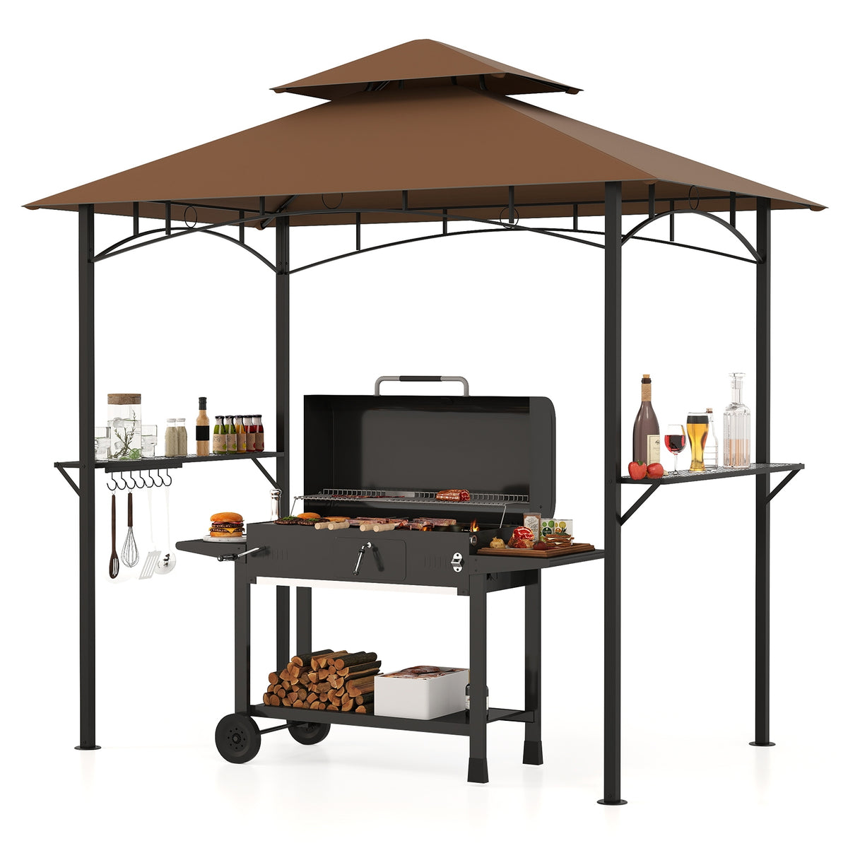 Double-Tiered Grill Gazebo Canopy, 2 Shelves, 7 Hooks, Coffee Gazebos at Gallery Canada